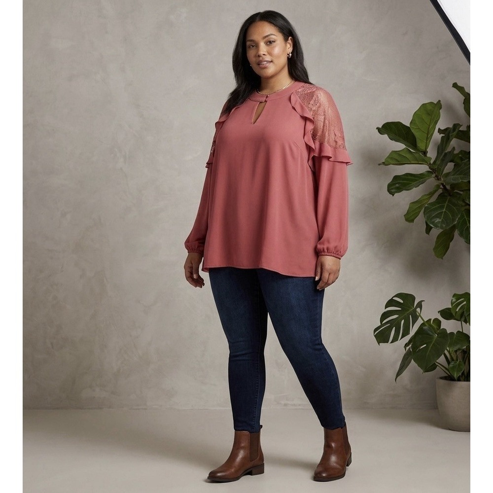 Torrid Size-3X Womens Blouse Georgette Crochet Inset Top Plus Coral Pink